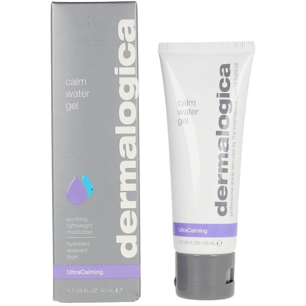 Produktverpackung mit Tube und Schachtel. Tube: calm water gel, dermalogica. Schachtel: soothing lightweight moisturizer.
