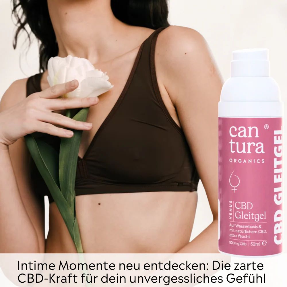 Frau mit braunem BH hält eine weiße Tulpe. Rechts: Rosa Flasche mit Aufschrift Cantura CBD-Gleitgel.