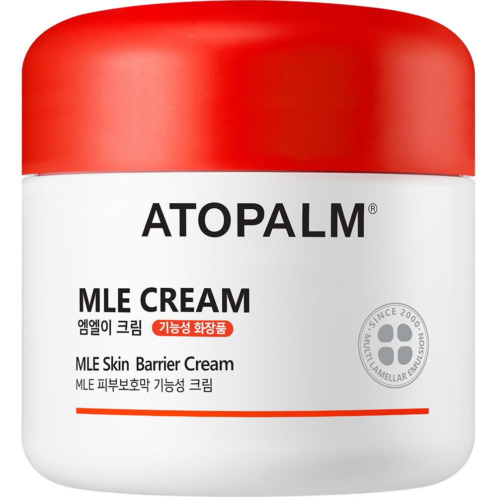 Weißer Tiegel mit rotem Deckel. Aufschrift: ATOPALM, MLE CREAM, MLE Skin Barrier Cream. Seit 2000.