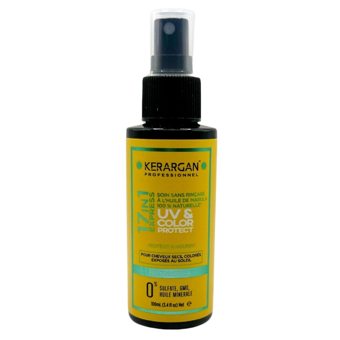 Kerargan UV- & Farbschutz-Tonikum. Flasche mit Sprühkopf. Gelbe Etiketten mit Text. 0% Sulfate, Öl, Mineral.