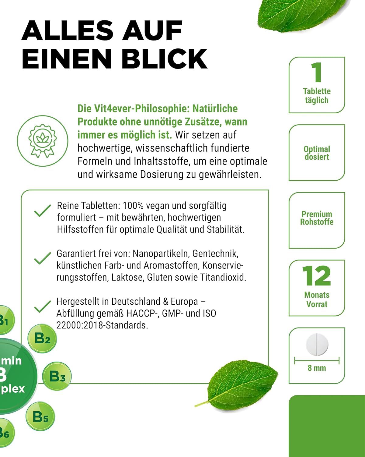 Vit4ever Vitamin B Komplex: 1 Tablette täglich, optimal dosiert, 12 Monate Vorrat.