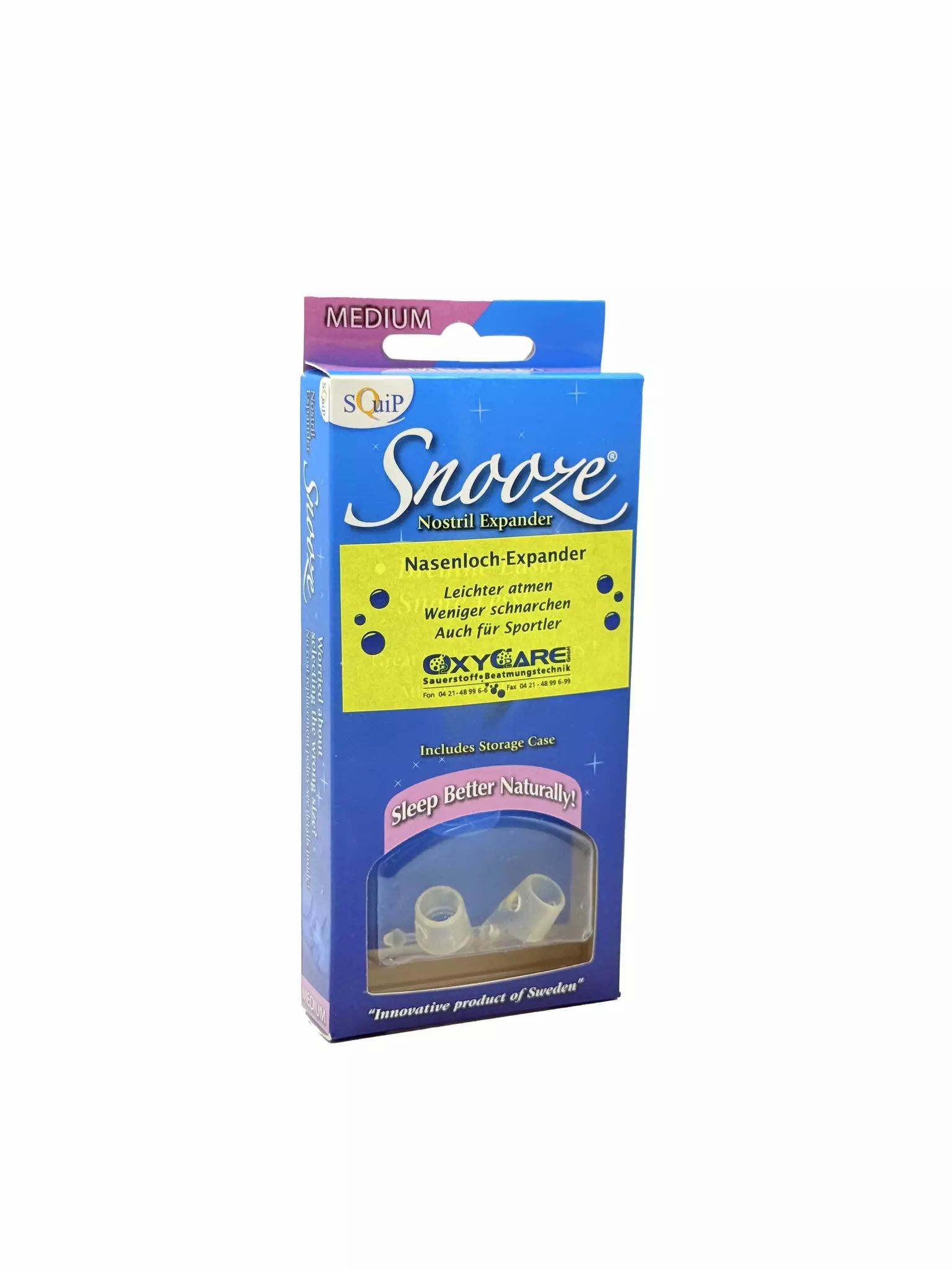 Blaue Produktverpackung mit dem Produktnamen Snooze. Enthält einen Nasenexpander und eine Aufbewahrungsbox. Oben steht "MEDIUM".