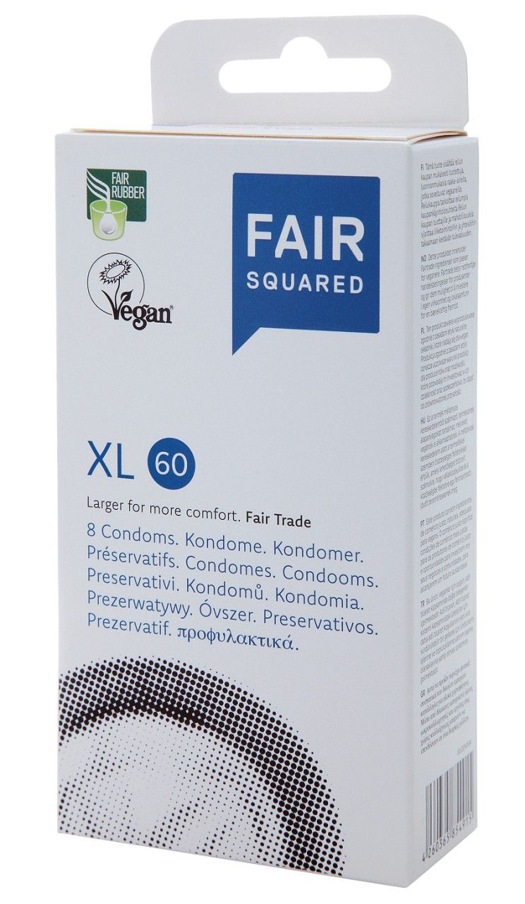 Weiße Verpackung mit blauer Beschriftung. Aufschrift: FAIR SQUARED, XL 60, Vegan-Siegel. Enthält 8 Kondome.