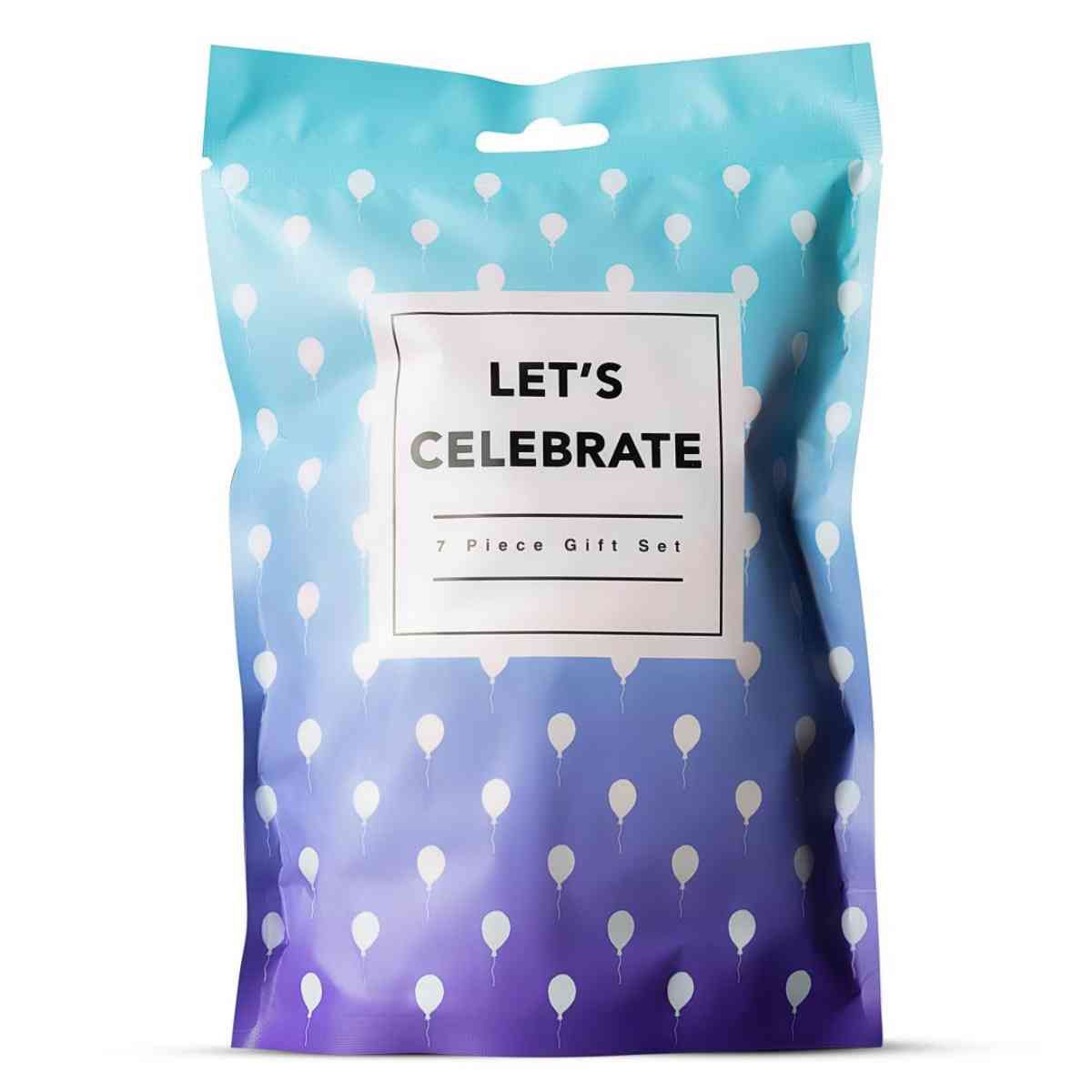 Geschenkverpackung mit "Let's Celebrate" und Ballondesign. Enthält 7 Teile.