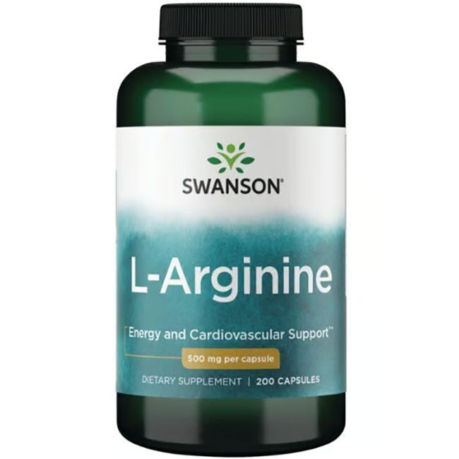 Grüne Flasche mit weißem Etikett. Aufschrift: SWANSON L-Arginin, 500 mg pro Kapsel. 200 Kapseln.