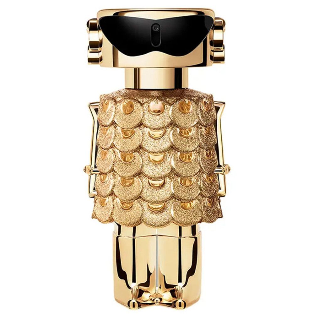 Goldfarbener Flakon mit schwarzer Sonnenbrille. Flakon-Design: Roboter.