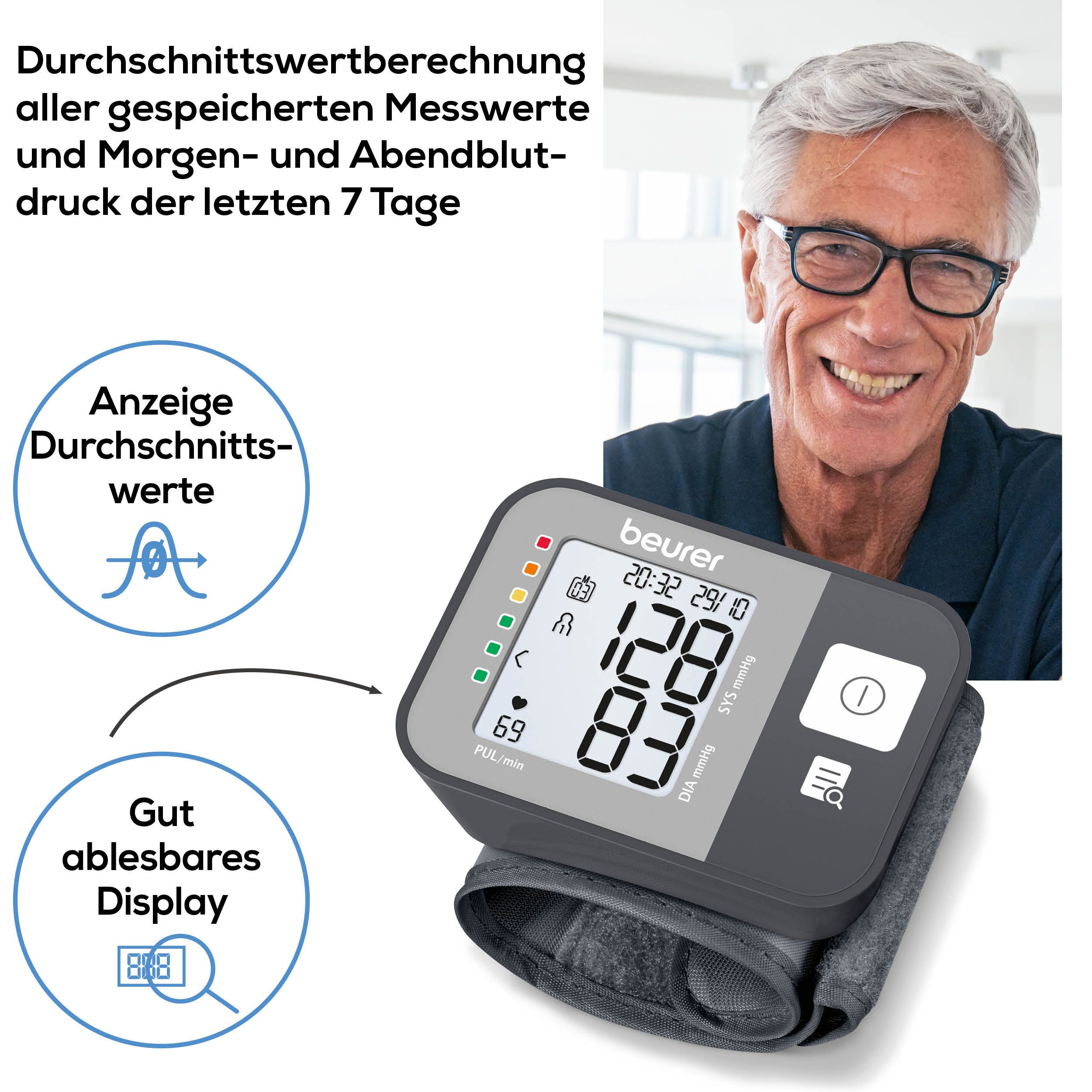 Handgelenk-Blutdruckmessgerät mit Display. Durchschnittswertberechnung. Gut ablesbar. Beurer.