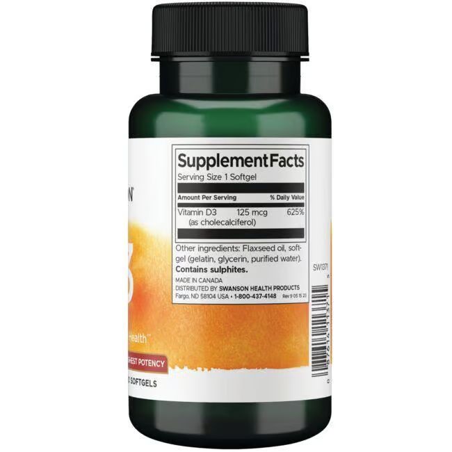 Rückseite der grünen Flasche. Etikett mit Nährwertangaben: Vitamin D3, 125 mcg. Enthält Sulfite.