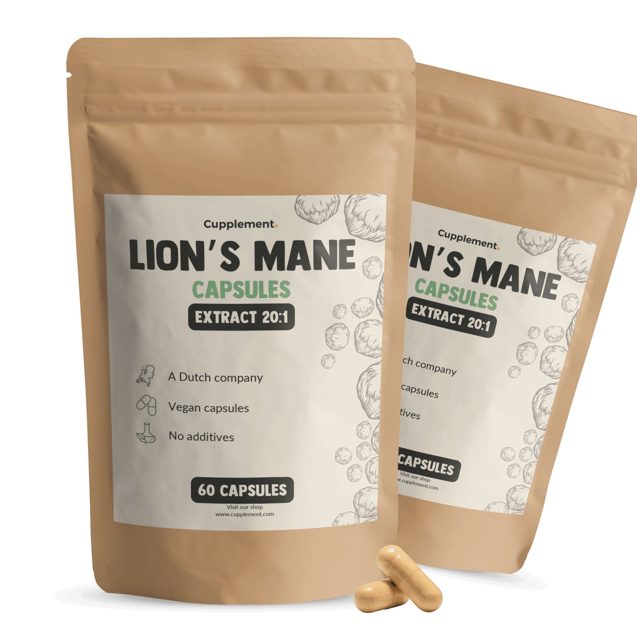 Zwei Beutel mit Kapseln. Aufschrift: Lion's Mane Capsules, Extrakt 20:1, 60 Kapseln. Braune Papierverpackung. Zwei Kapseln liegen daneben.