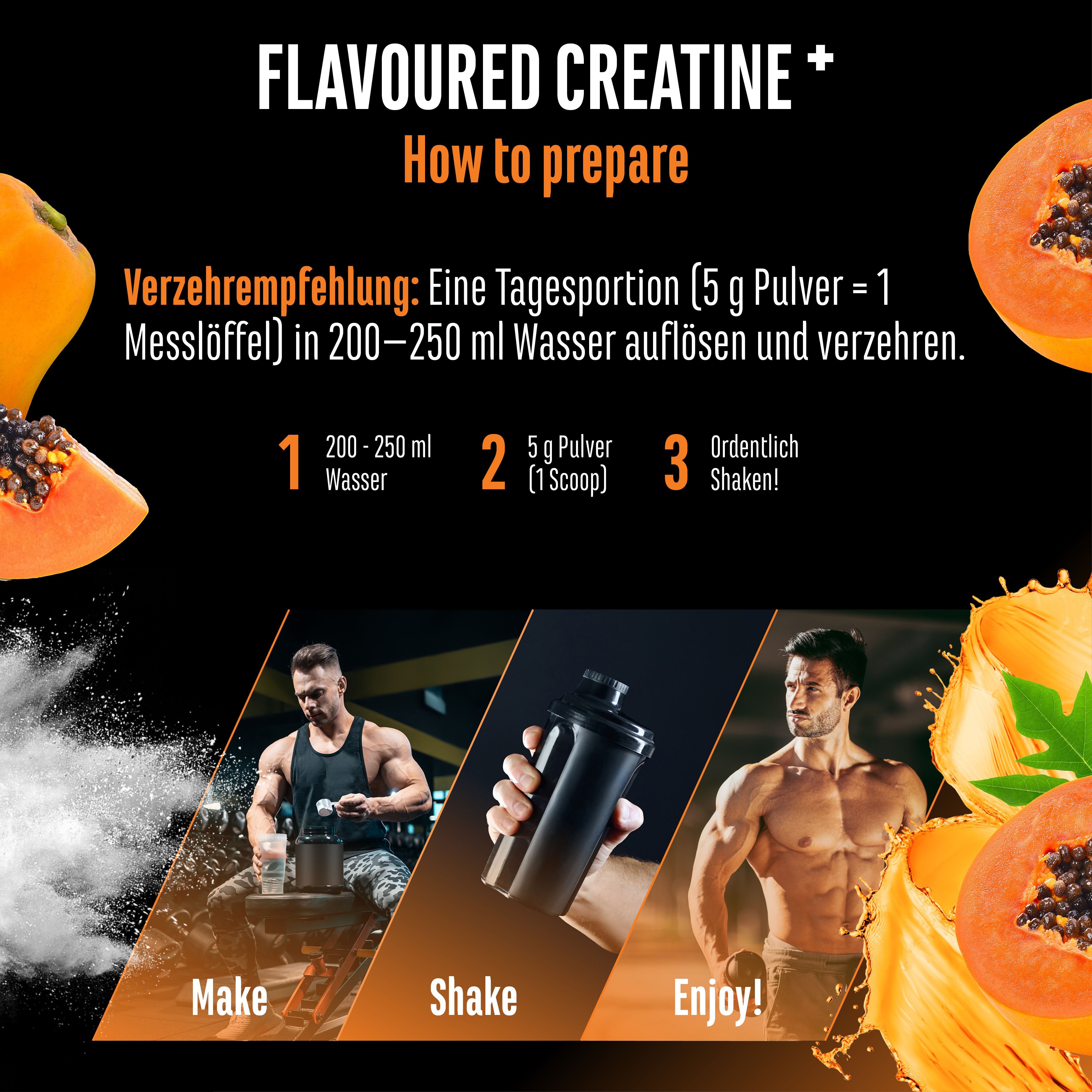 Anleitung zur Zubereitung von GEN Flavoured Creatine+. 1. Wasser. 2. Pulver. 3. Shaken. Abgebildet: Mann mit Shaker.