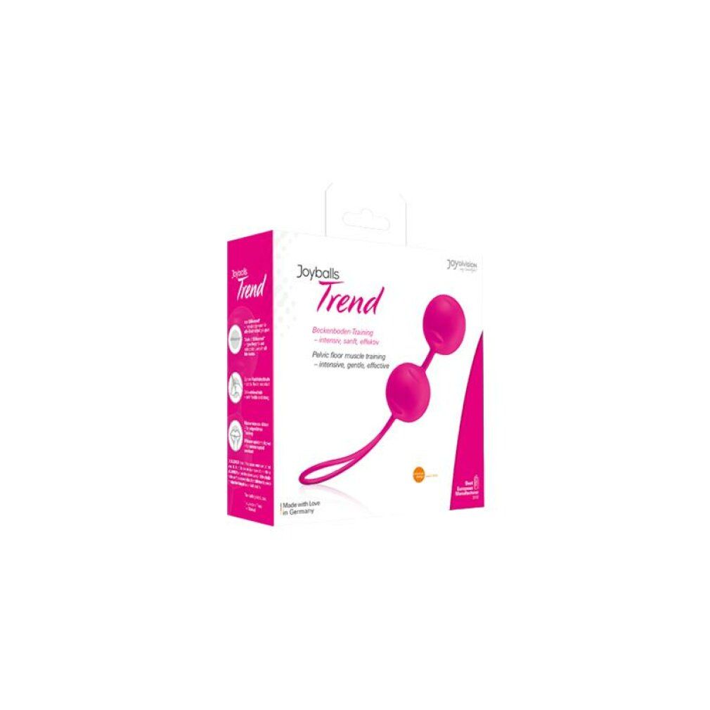 Verpackung von Joyballs Trend. Pinke Box mit Produktabbildung und Text. Aufschrift: Beckenboden-Training.