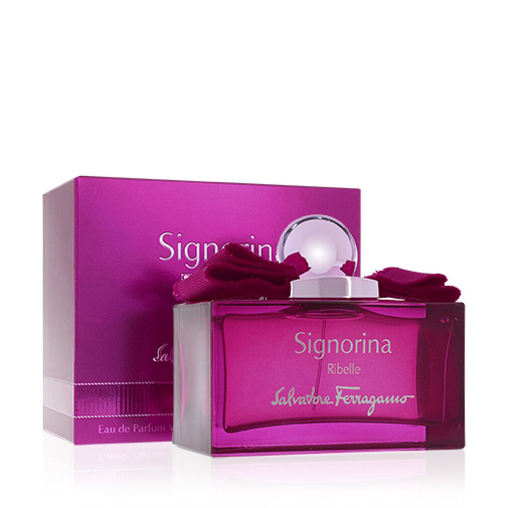 Rosa Flakon mit Schleife und Verpackung. Schriftzug Signorina Ribelle und Salvatore Ferragamo.