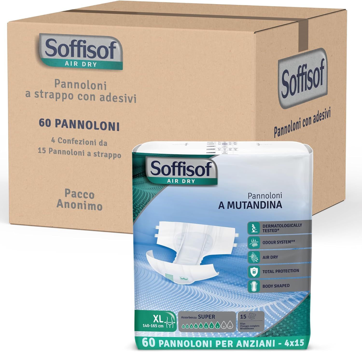 Soffisof Air Dry Windeln für Erwachsene Super. Verpackung mit 60 Stück. Karton mit weiteren Packungen. Aufdruck: Pannoloni a strappo con adesivi.