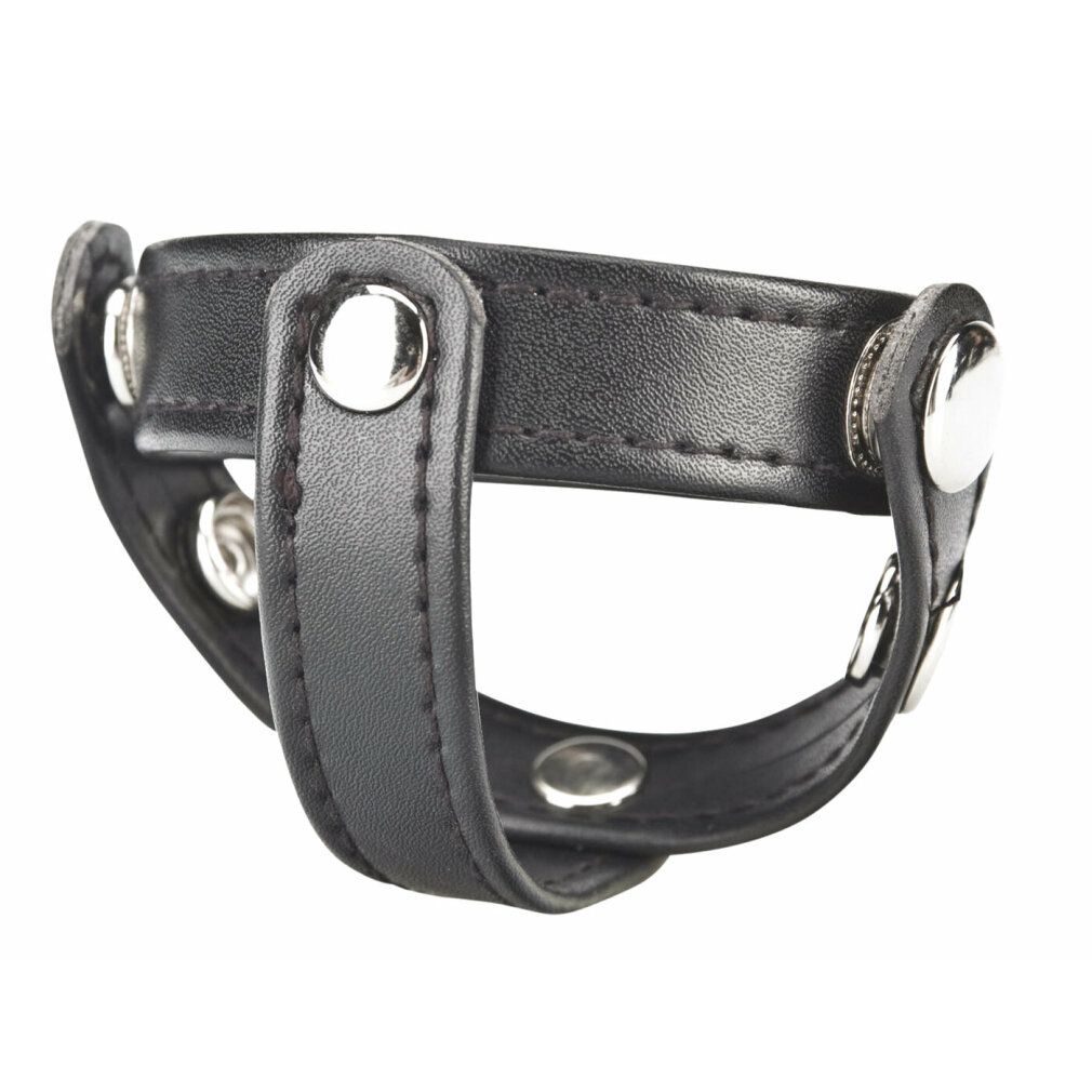 Schwarzer Penisring mit Hodentrenner. Lederoptik mit silberfarbenen Nieten.