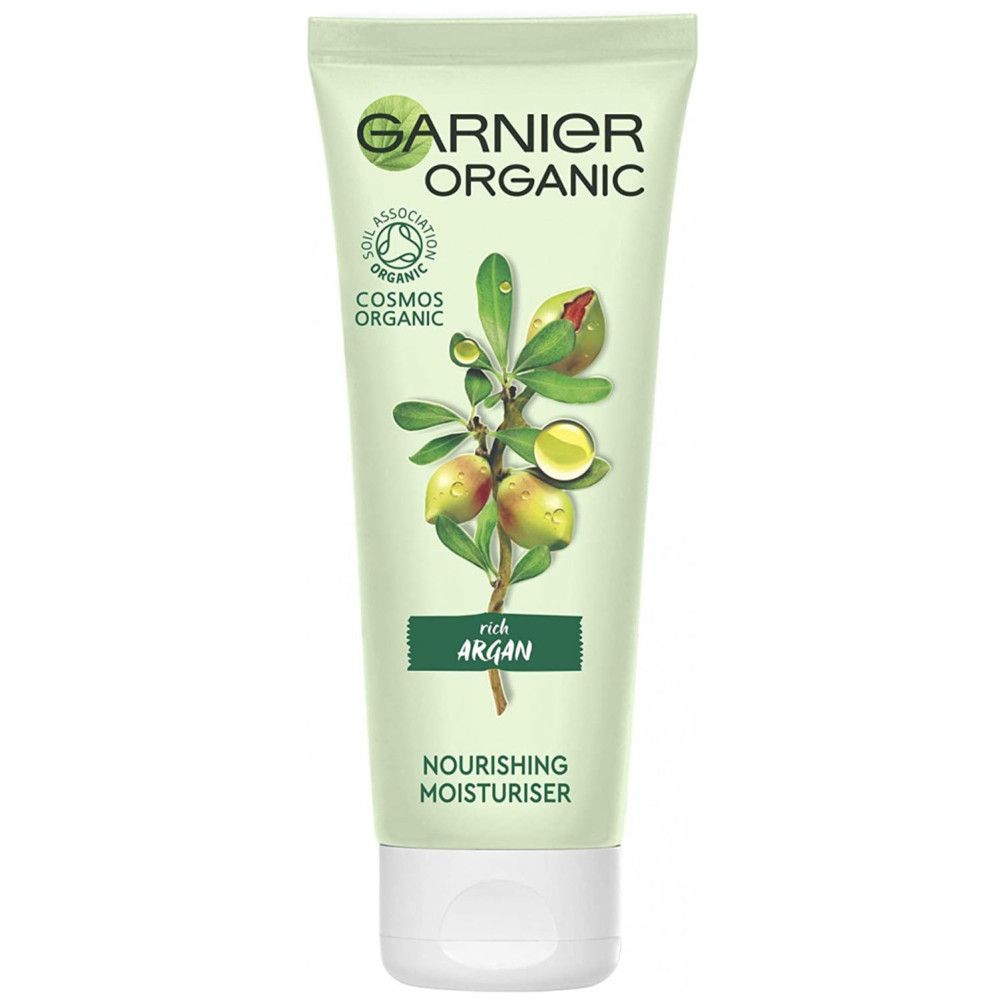 Garnier Organic Creme-Tube mit Argan-Motiv. Text: Rich Argan, Nourishing Moisturiser. Cosmos Organic Zertifizierung.