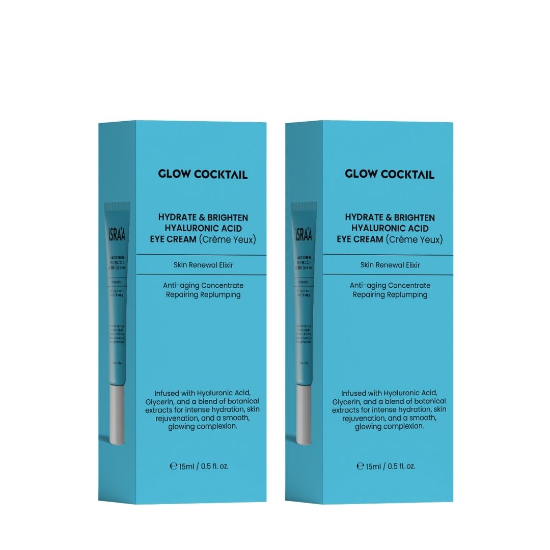 Zwei blaue Produktverpackungen mit Text: GLOW COCKTAIL, HYDRATE & BRIGHTEN HYALURONIC ACID EYE CREAM. Eine Tube ist sichtbar.