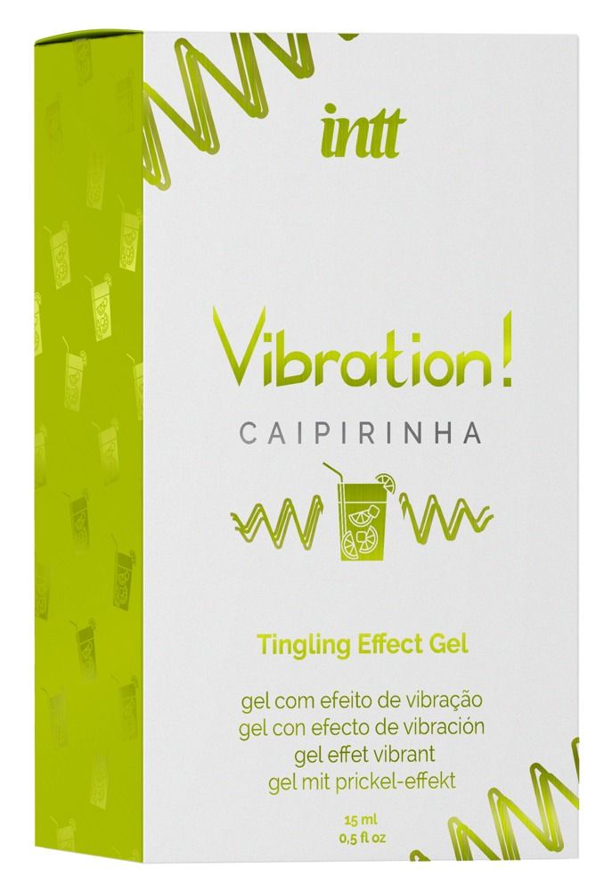 Produktverpackung. Aufschrift: INTT Vibration! Caipirinha, Tingling Effect Gel. Grün-weißes Design. 15 ml.