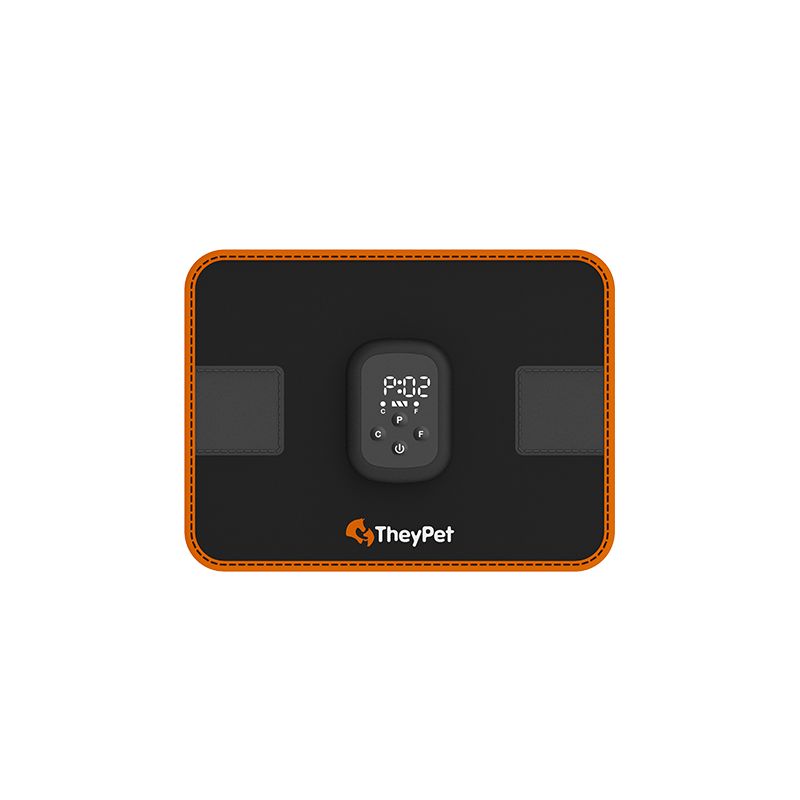 Schwarzes Massagegerät mit orangefarbenem Rand und digitalem Display.