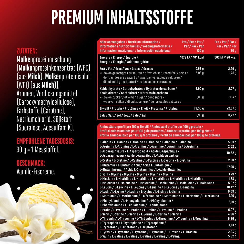 Nährwerttabelle für GEN Whey Protein Komplex. Enthält Informationen zu Zutaten, Nährwerten und Aminosäuren. Geschmack: Vanille-Eiscreme.