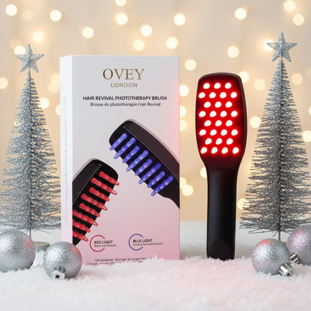 Haarbürste mit rotem Licht und Verpackung. Verpackung mit Produktabbildung und Text. Dekoration mit Weihnachtsdeko.