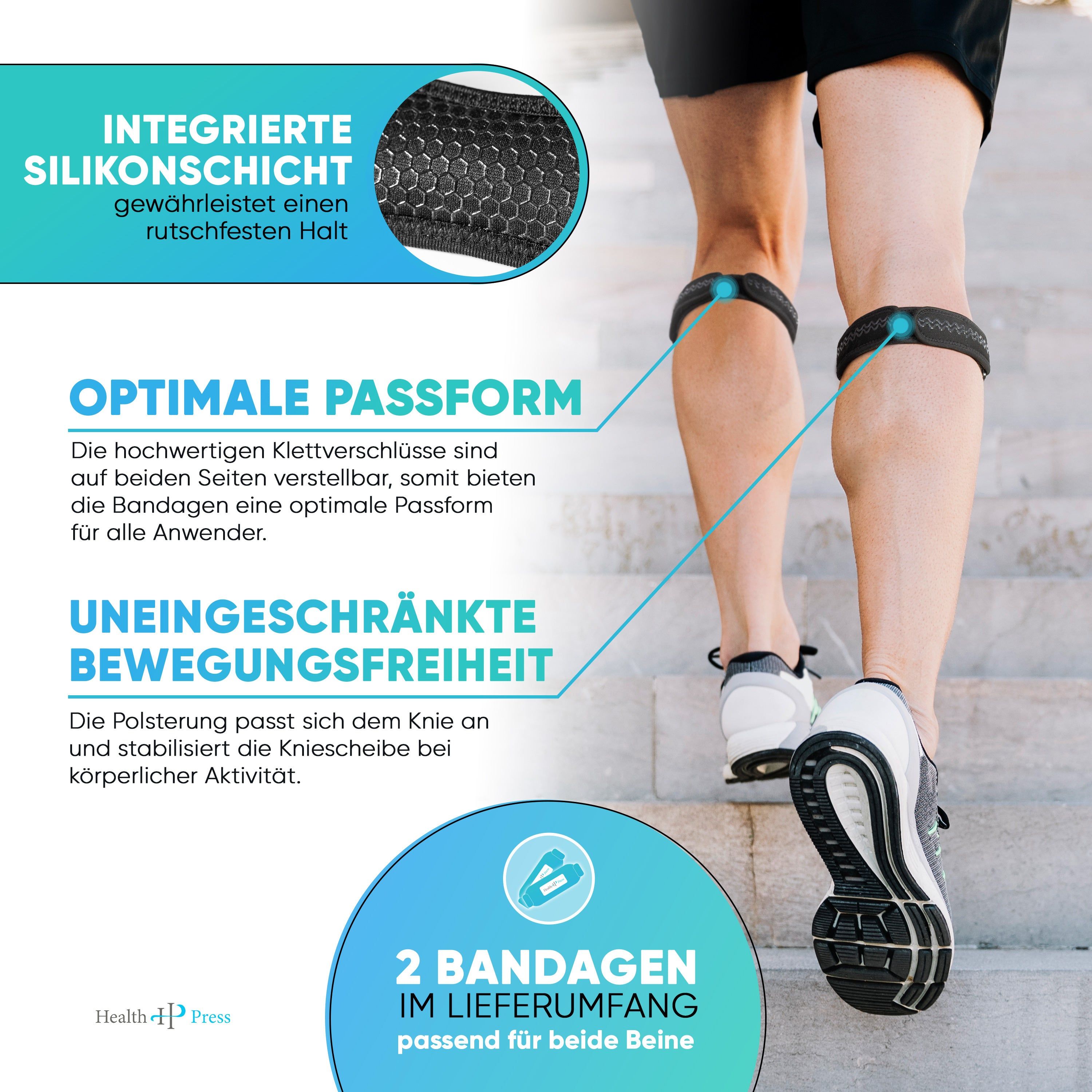 Beine mit Kniebandagen. Text: Optimale Passform, uneingeschränkte Bewegungsfreiheit, 2 Bandagen im Lieferumfang.