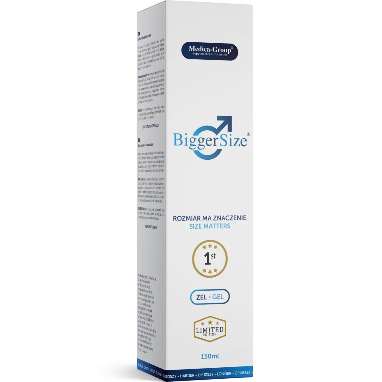 Weiße Verpackung mit Aufschrift: BiggerSize, Größe Matters, 1st, ZEL/GEL, Limited Edition. Logo: Männliches Symbol. 150ml.