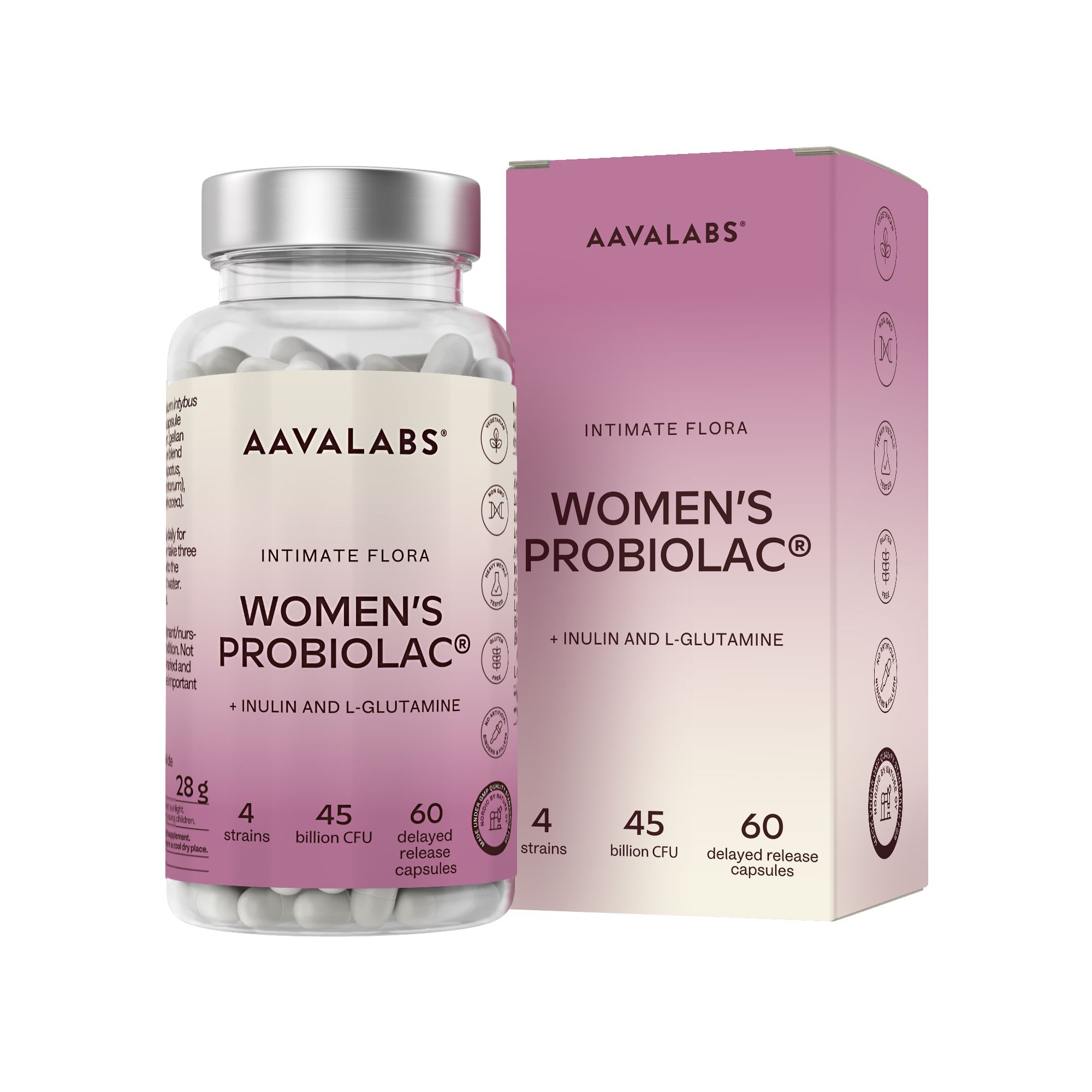 Flasche und Schachtel mit Kapseln. Text: AAVALABS, Women's Probiolac, Intimate Flora. 60 Kapseln.