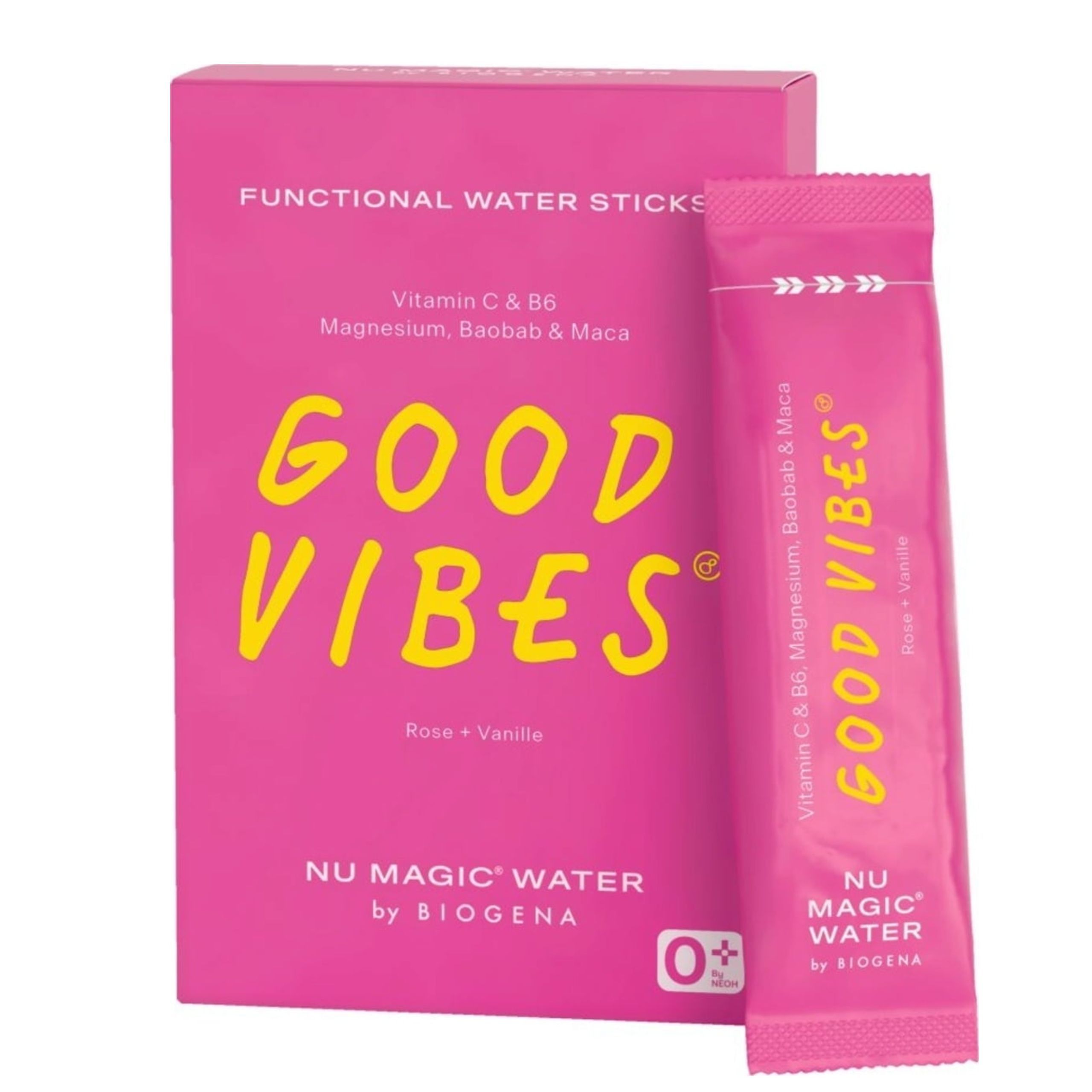Rosa Schachtel und Stick von Nu Magic Water. Aufschrift: GOOD VIBES, NU MAGIC WATER by BIOGENA. Enthält Vitamin C, B6, Magnesium.