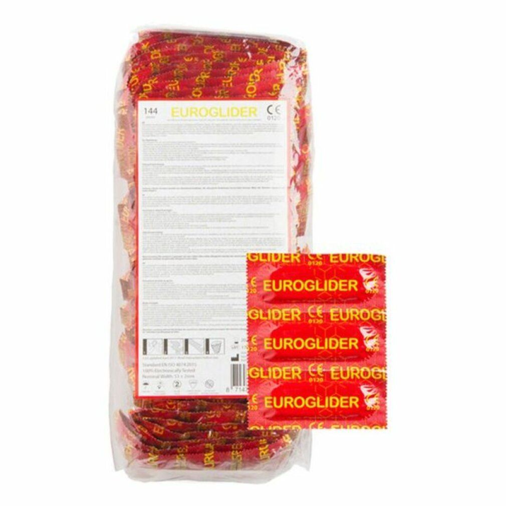 Transparente Verpackung mit 144 Euroglider-Kondomen. Einzelverpackte Kondome in roter Folie. Produktname und CE-Kennzeichnung.