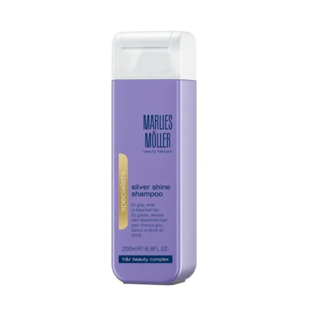 Marlies Möller Silver Shine Shampoo. Lila Flasche mit weißem Deckel. Text: Silver Shine Shampoo, für graues, weißes oder blondiertes Haar.