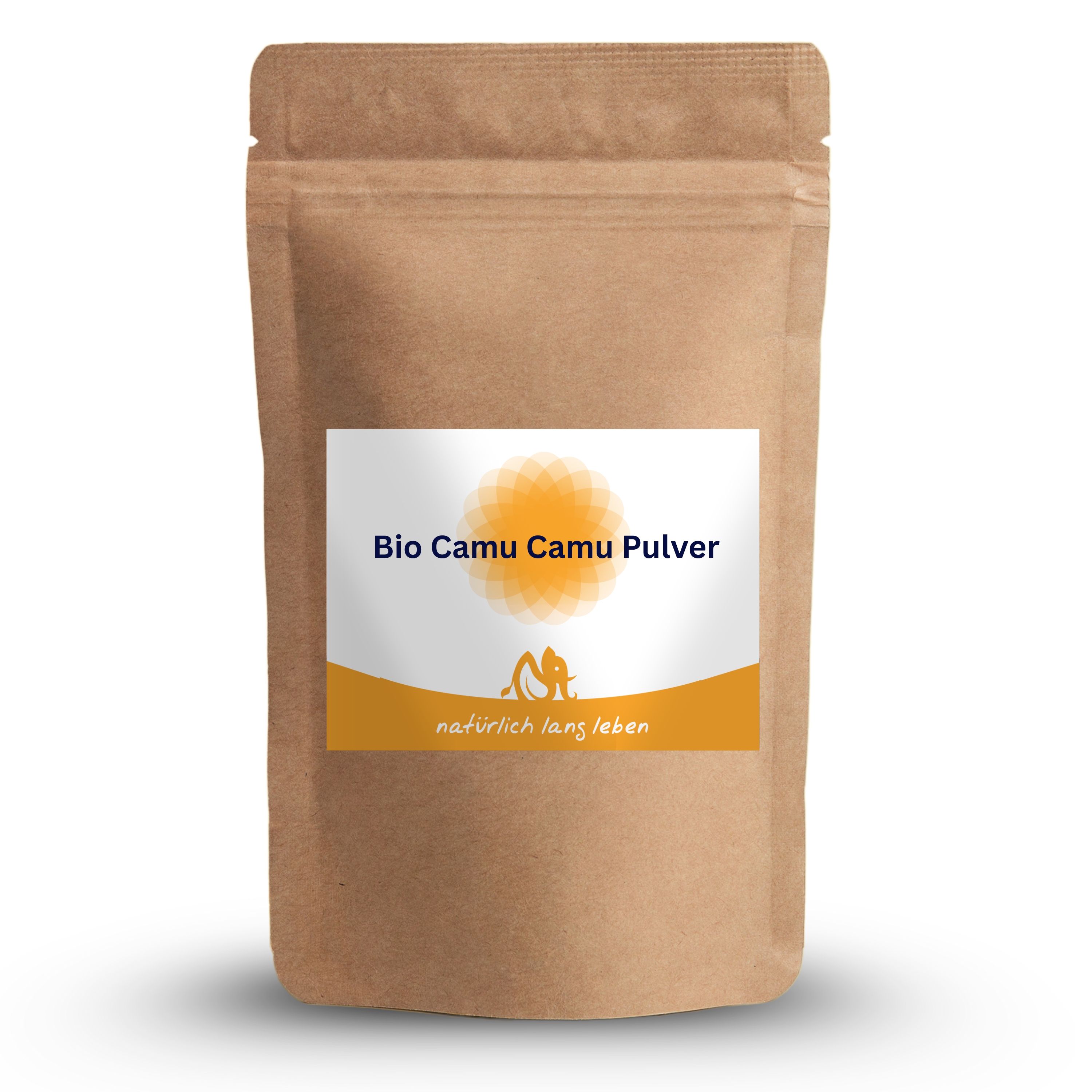 Beutel mit "Bio Camu Camu Pulver"-Etikett. Braune Papierverpackung mit weißem Etikett und orangefarbenem Logo.