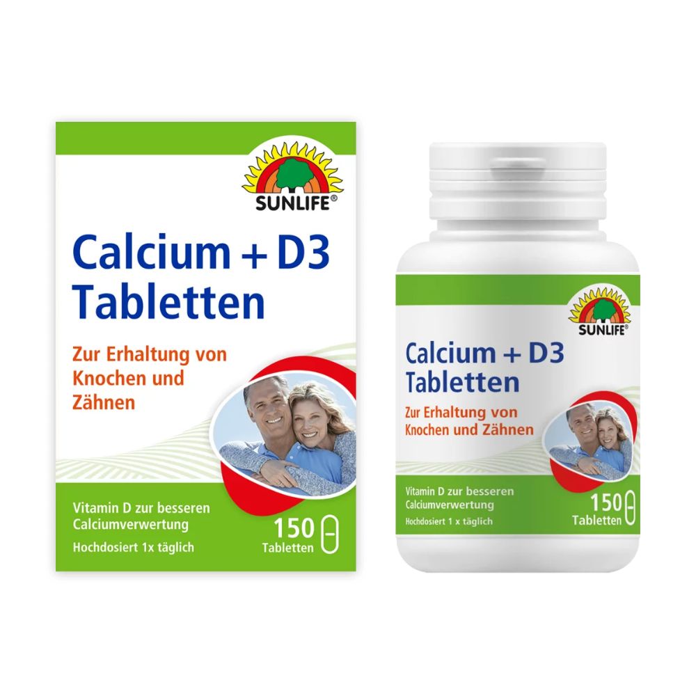Weiße Flasche und Schachtel mit SUNLIFE Calcium + D3 Tabletten. Enthält 150 Tabletten. Aufdruck: Zur Erhaltung von Knochen und Zähnen.