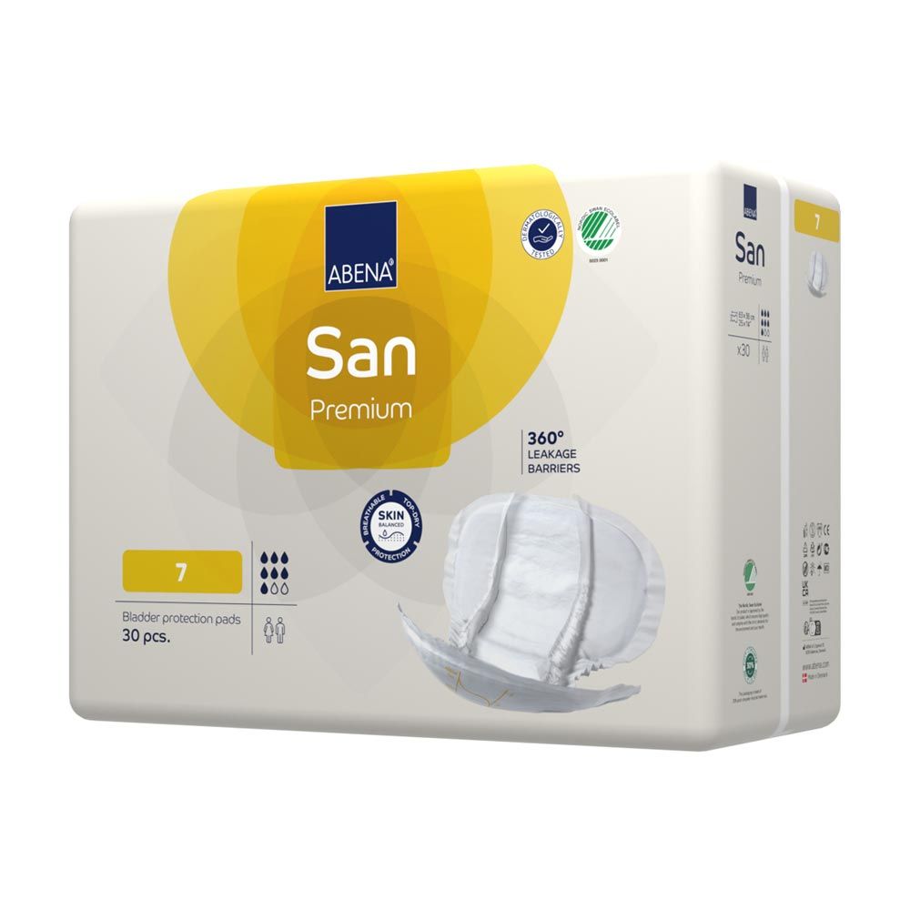 Packung ABENA San Premium Vorlagen. Aufdrucke: ABENA San, Premium, Größe 7, 30 Stück. Einzelnes Produkt teilweise sichtbar.