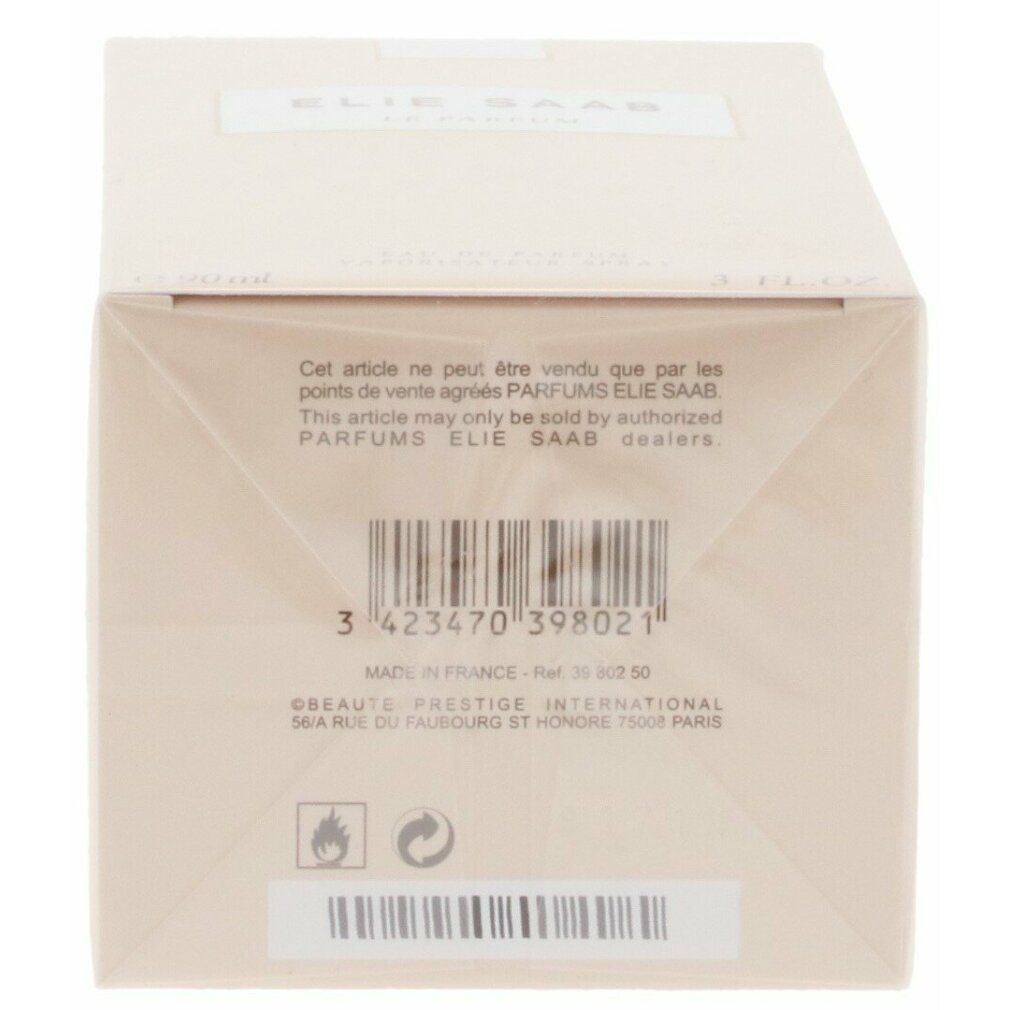 Unterseite der Verpackung. Barcode und Text: Cet article ne peut être vendu que par les points de vente agréés PARFUMS ELIE SAAB. Made in France.