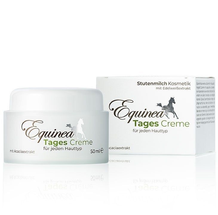Creme-Tiegel und Schachtel. Aufschrift: Equinea Tages Creme, für jeden Hauttyp. Mit Acaciaextrakt. 50 ml.