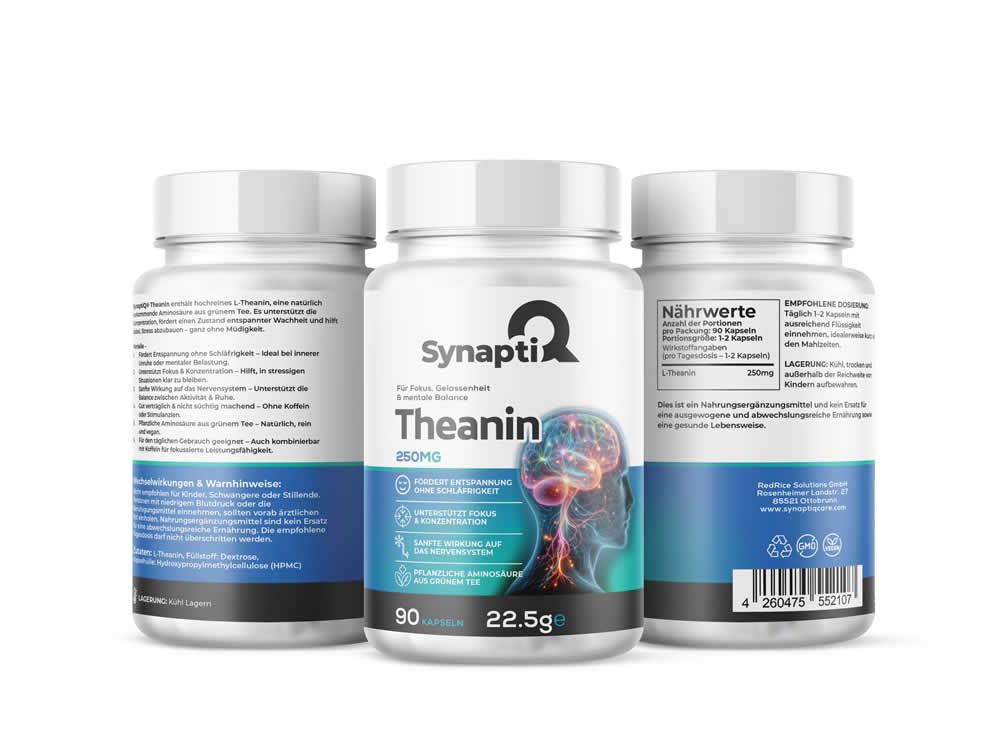 Drei weiße Pillenfläschchen mit blau-weißem Etikett. Aufschrift: SynaptiQ, Theanin, 250mg. Abbildung eines Gehirns.