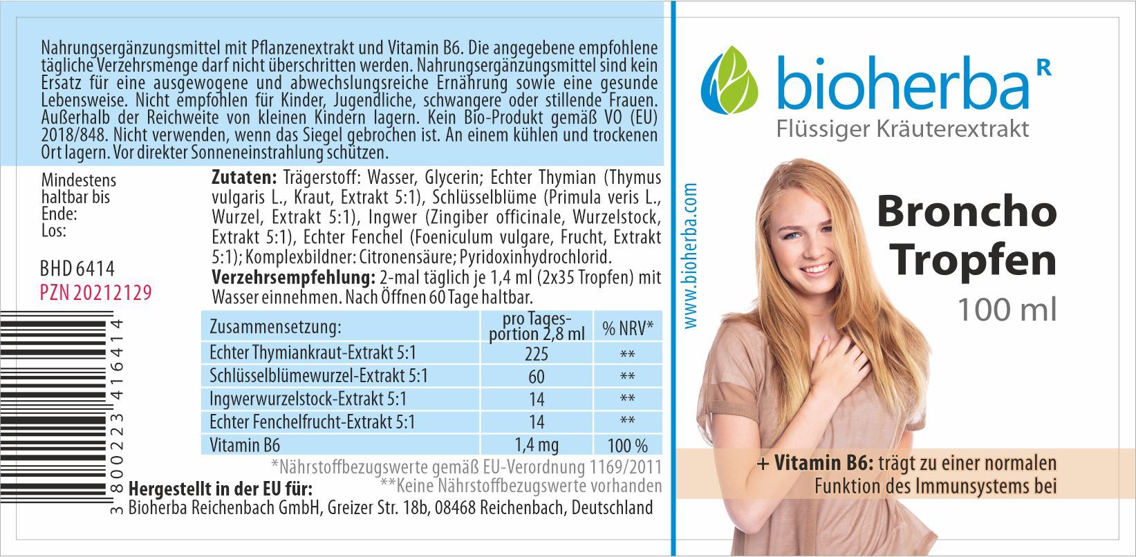Etikett mit Produktname, Logo und Inhaltsangaben. Enthält 100 ml. Enthält Vitamin B6. Rückseite mit Nährwertangaben.