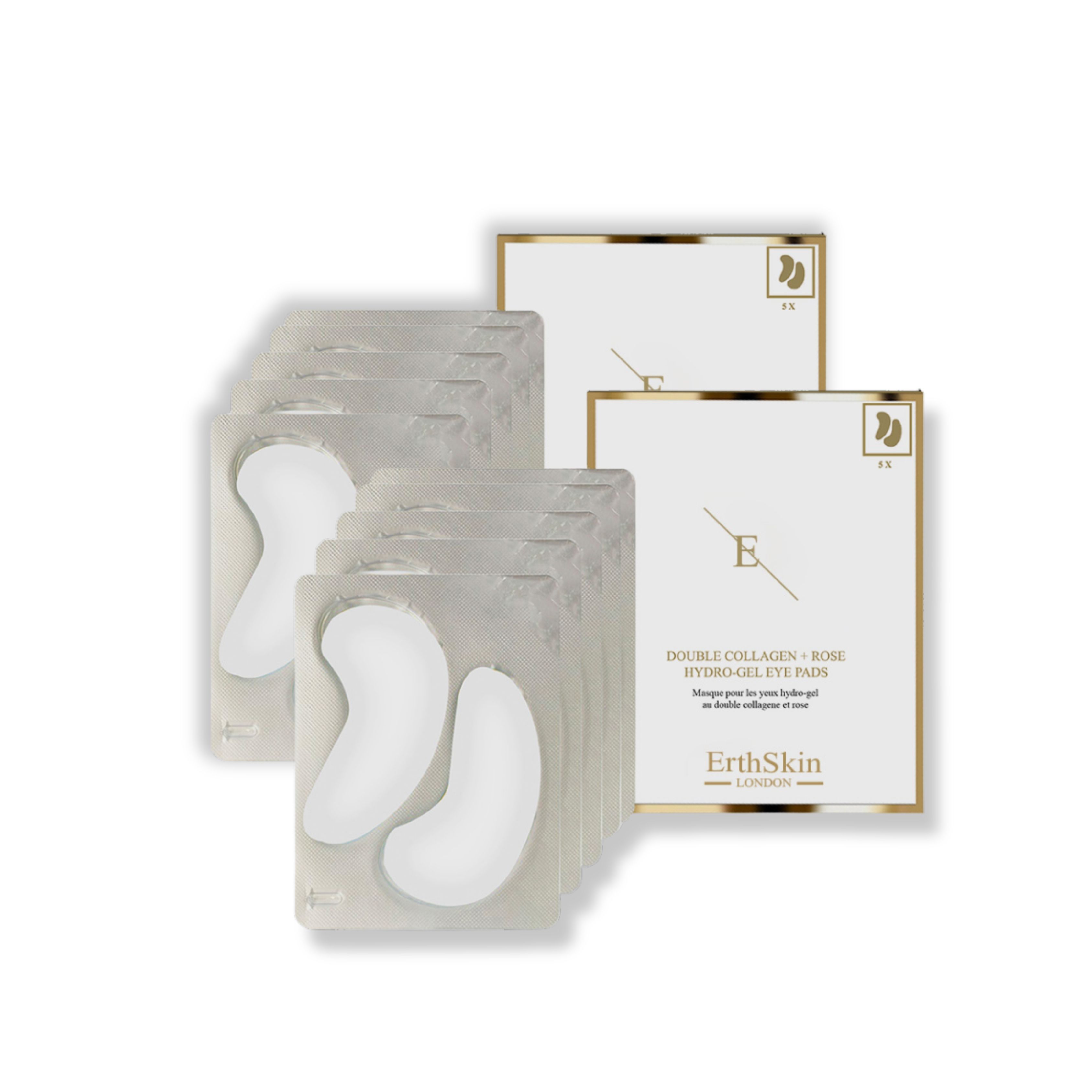 Mehrere Packungen Augenpads. Weiße, halbmondförmige Pads in transparenten Blistern. Verpackung mit goldfarbenem Rahmen und Text.