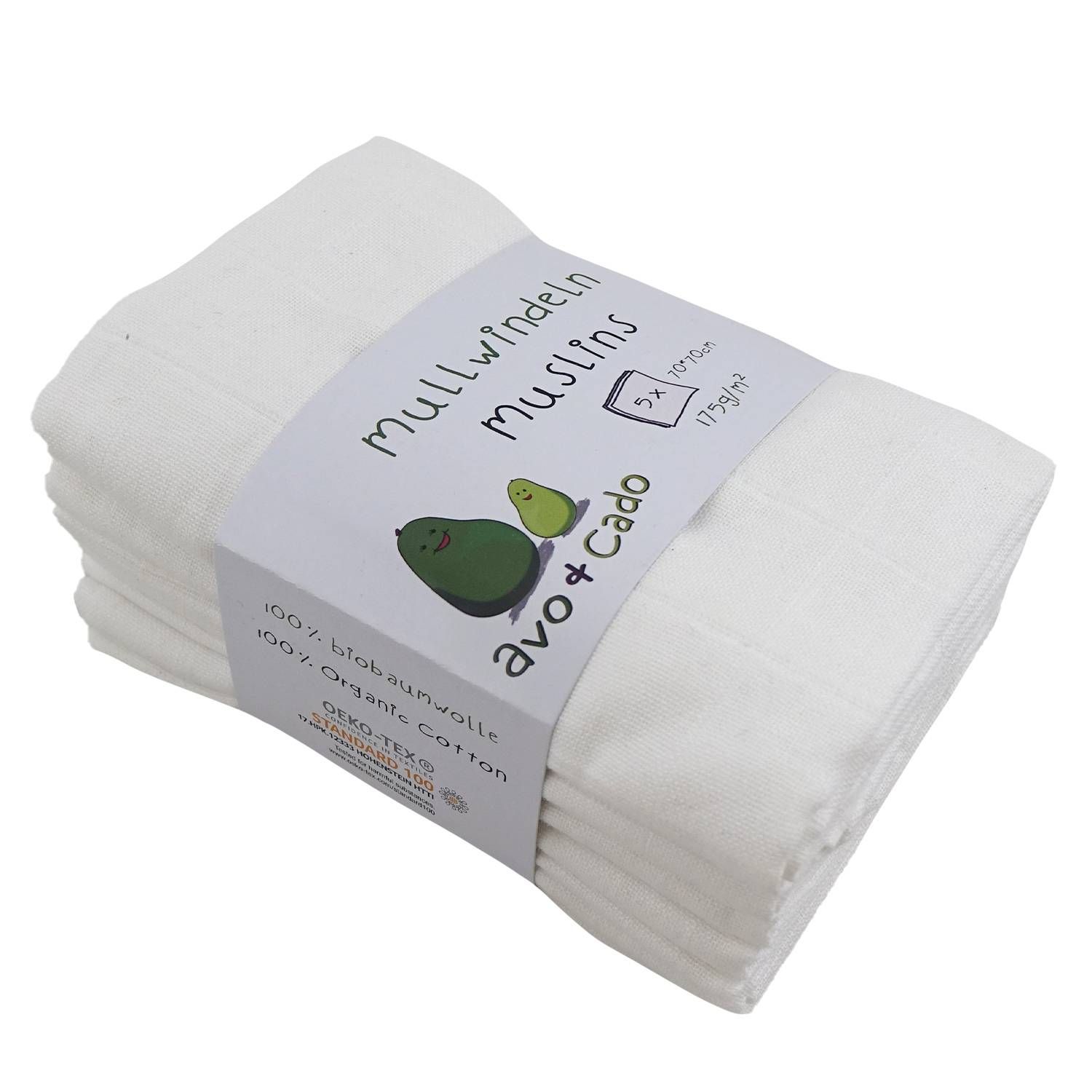 Weißes Mullwindeln-Set, 5 Stück, mit Band. Aufdruck: avo+cado, 100% Bio-Baumwolle, 70x70cm. Oeko-Tex.