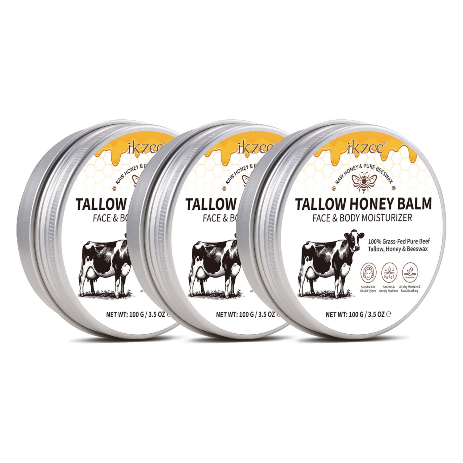 Drei runde Metallbehälter mit Aufschrift Tallow Honey Balm. Auf jedem Behälter ist eine Kuh abgebildet.