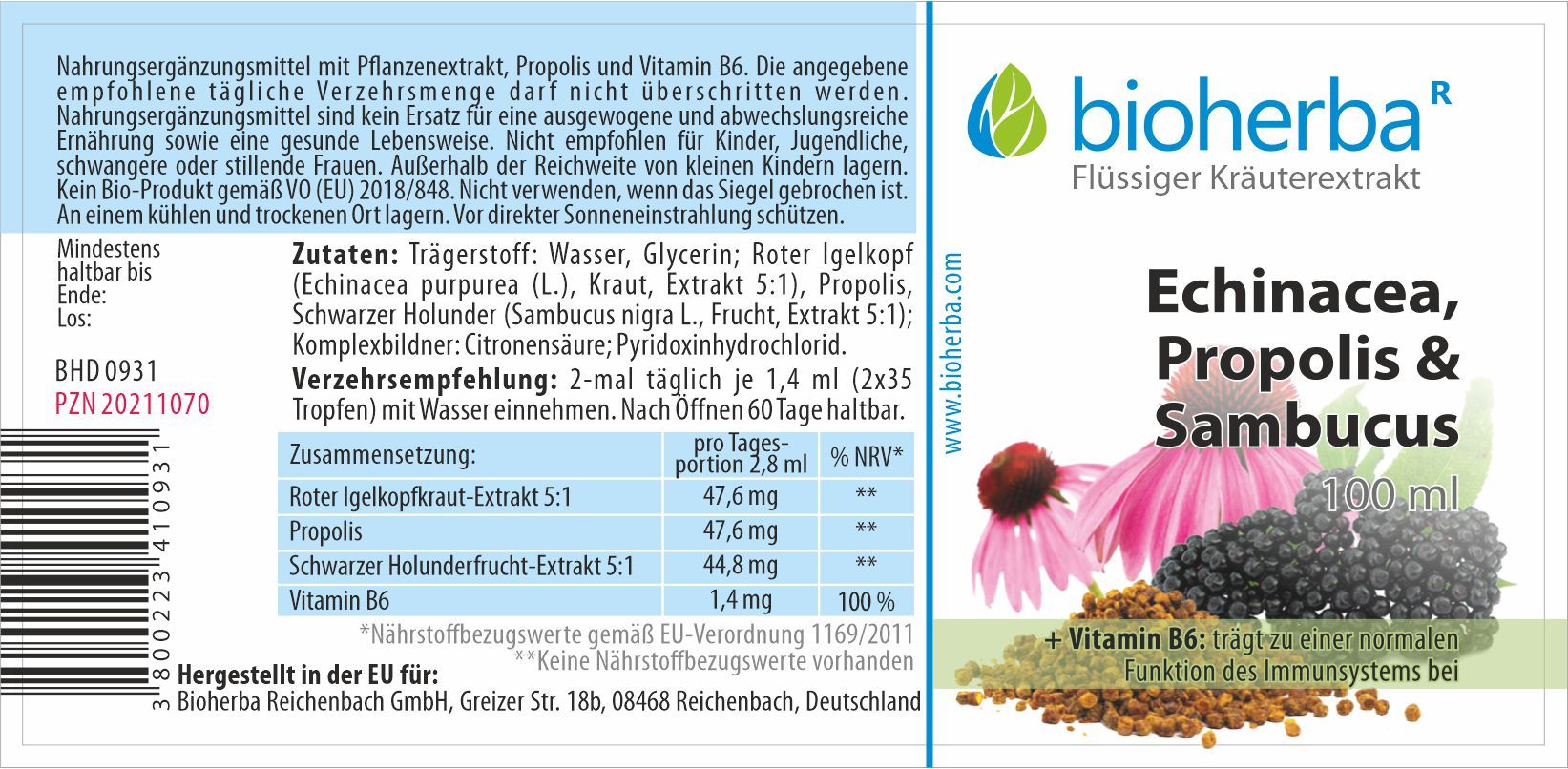 Etikett mit Produktinformationen. Bioherba Echinacea, Propolis & Sambucus Tinktur. Zutaten, Nährwertangaben, Verzehrempfehlung.