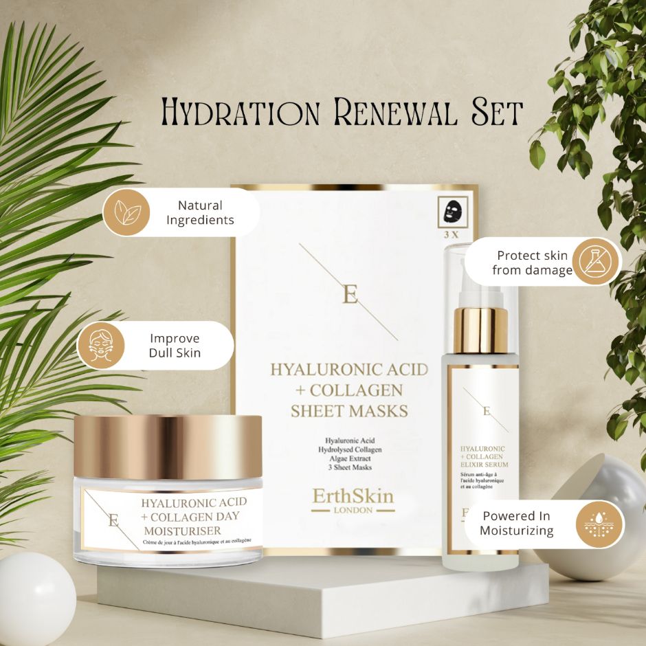 ErthSkin London Tagescreme mit Hyaluronsäure + Serum mit Hyaluronsäure und Kollagen + Maske