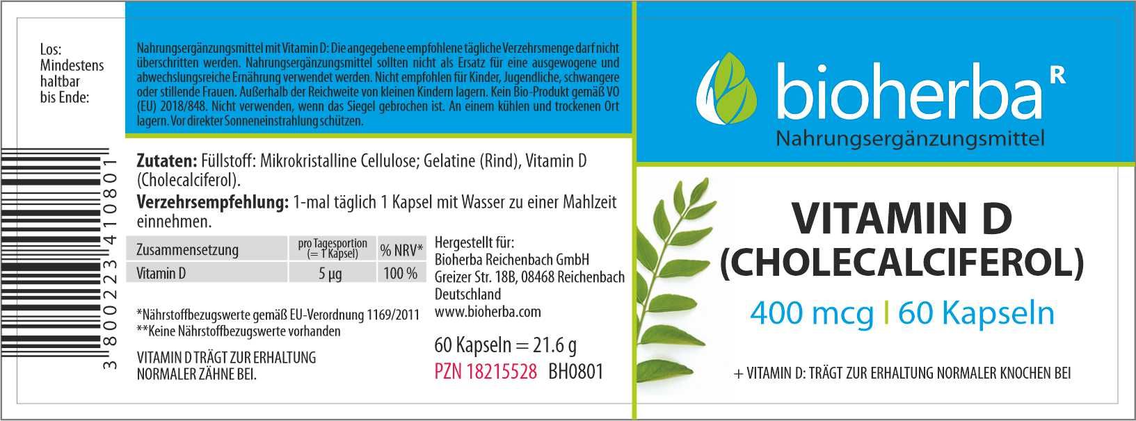 Etikett mit "bioherba" und "Vitamin D (Cholecalciferol)". 400 mcg, 60 Kapseln. Enthält Informationen zu Inhaltsstoffen und Dosierung.