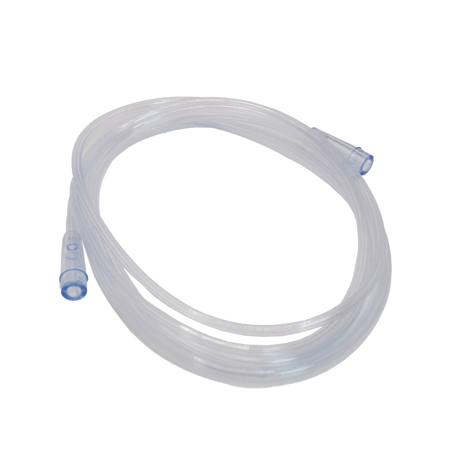 Transparenter Sauerstoffschlauch mit blauen Steckverbindern, aufgerollt.
