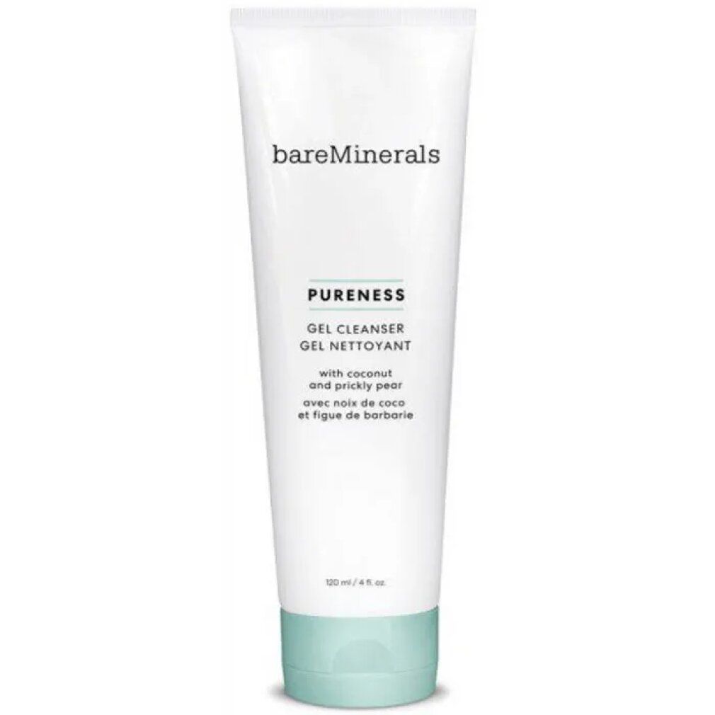 Weiße Tube mit grünem Boden. Aufschrift: bareMinerals, PURENESS, GEL CLEANSER, GEL NETTOYANT.