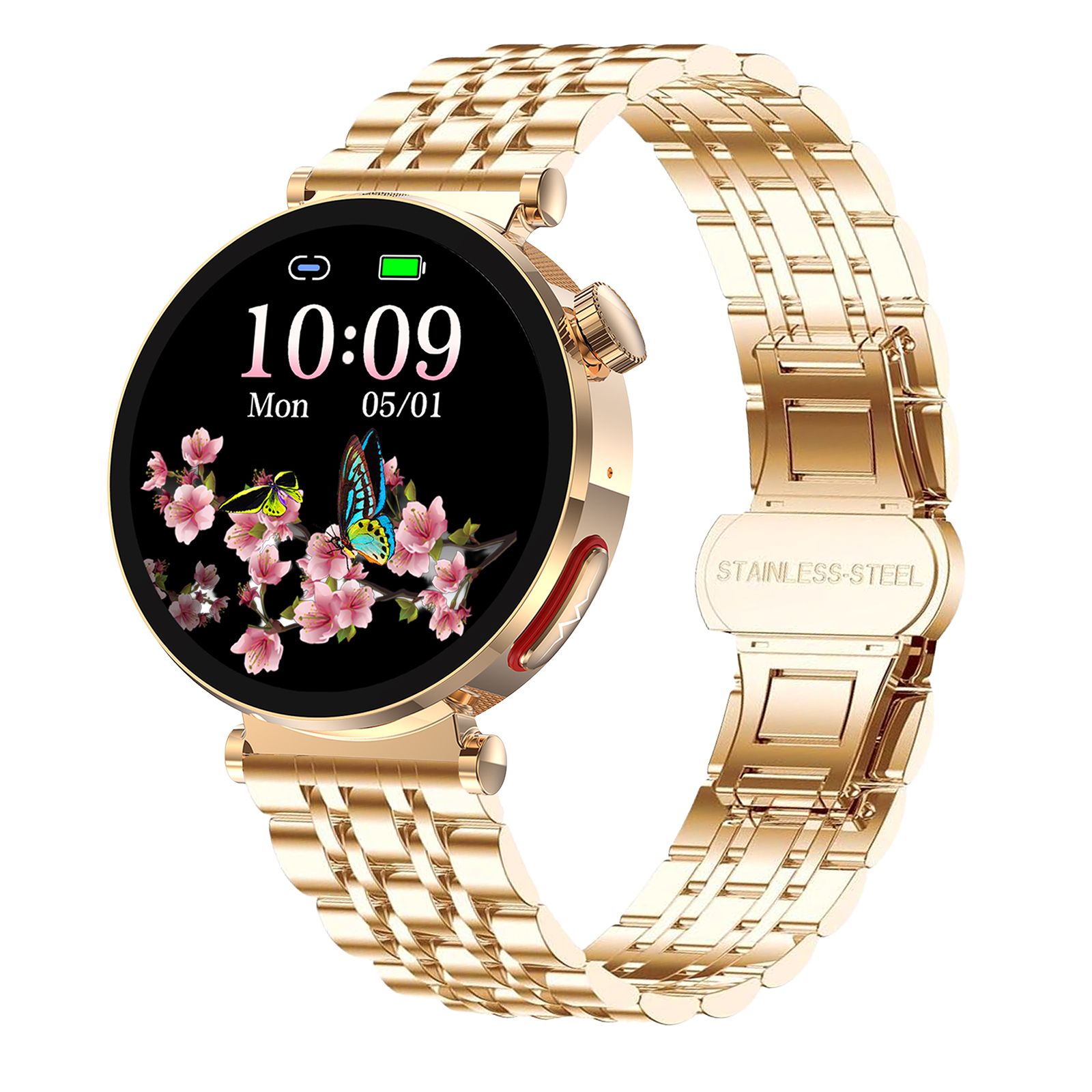 Goldfarbene Smartwatch mit Metallarmband. Rundes Zifferblatt mit floralem Hintergrund und Uhrzeit. Aufschrift: STAINLESS-STEEL.
