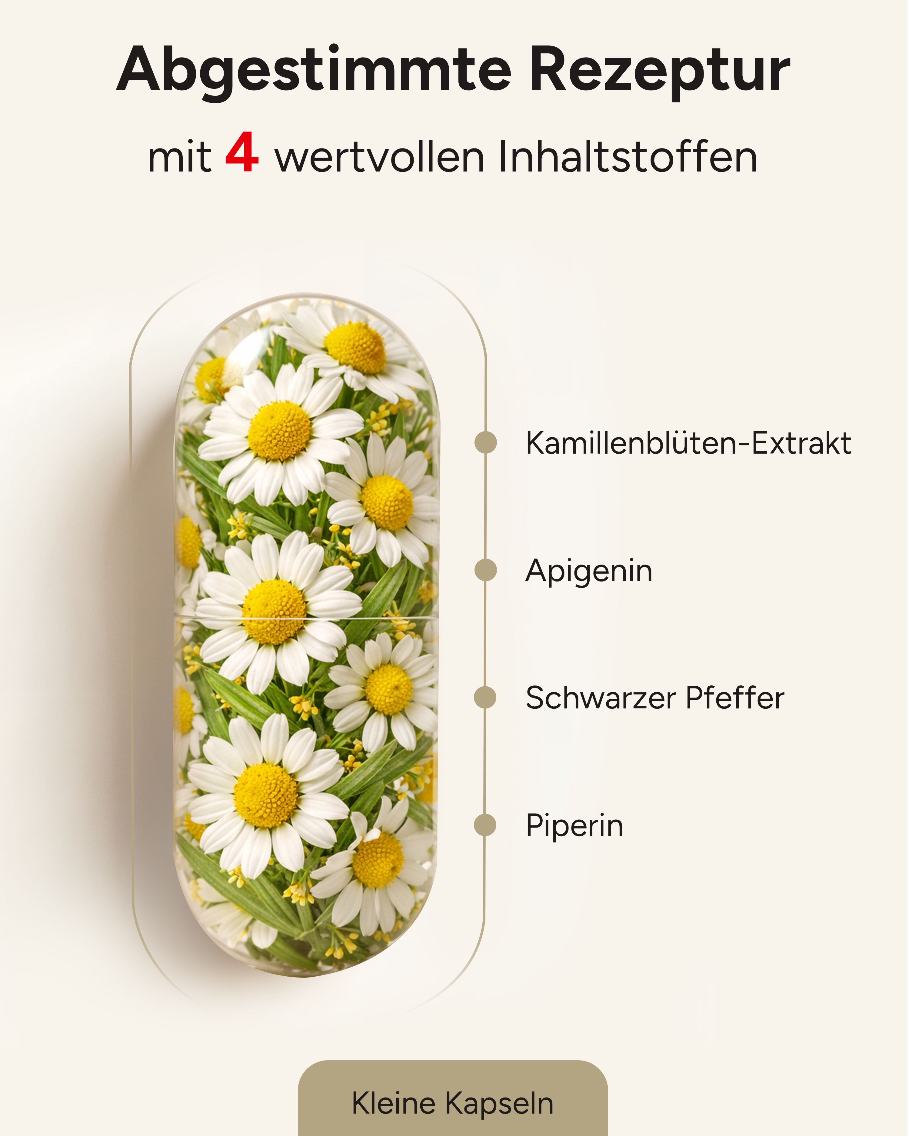 Große Kapsel gefüllt mit Kamillenblüten, zeigt Kamillenextrakt, Apigenin, schwarzen Pfeffer, Piperin.