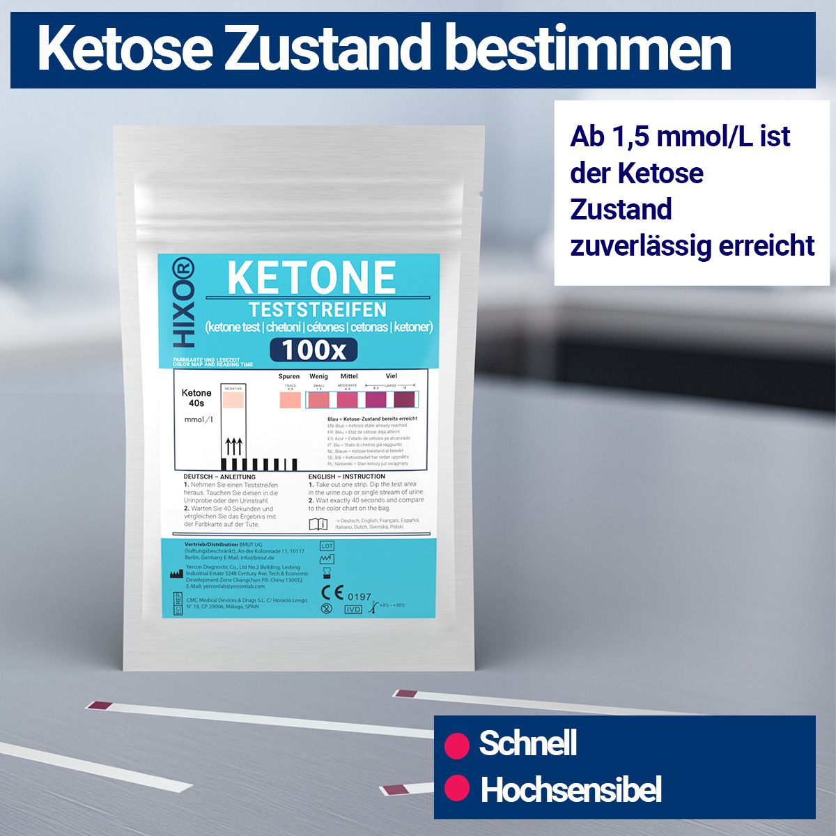 Verpackung mit HIXO Ketose Teststreifen. Text: KETONE TESTSTREIFEN 100x. Zwei rote Punkte. Schnell und hochsensibel.