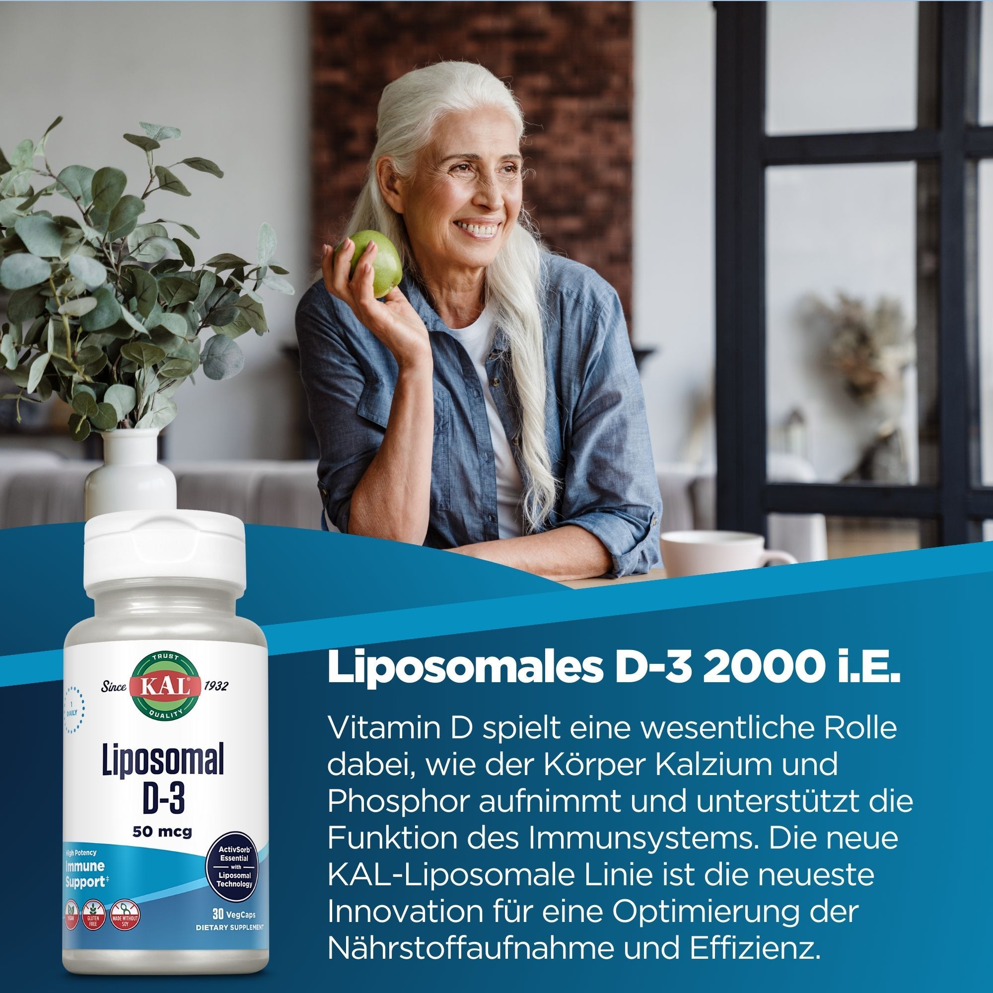 Eine Frau hält einen Apfel. Daneben steht eine Flasche KAL Liposomales D-3 2000 i.E. mit Text. Der Text beschreibt die Vorteile von Vitamin D.