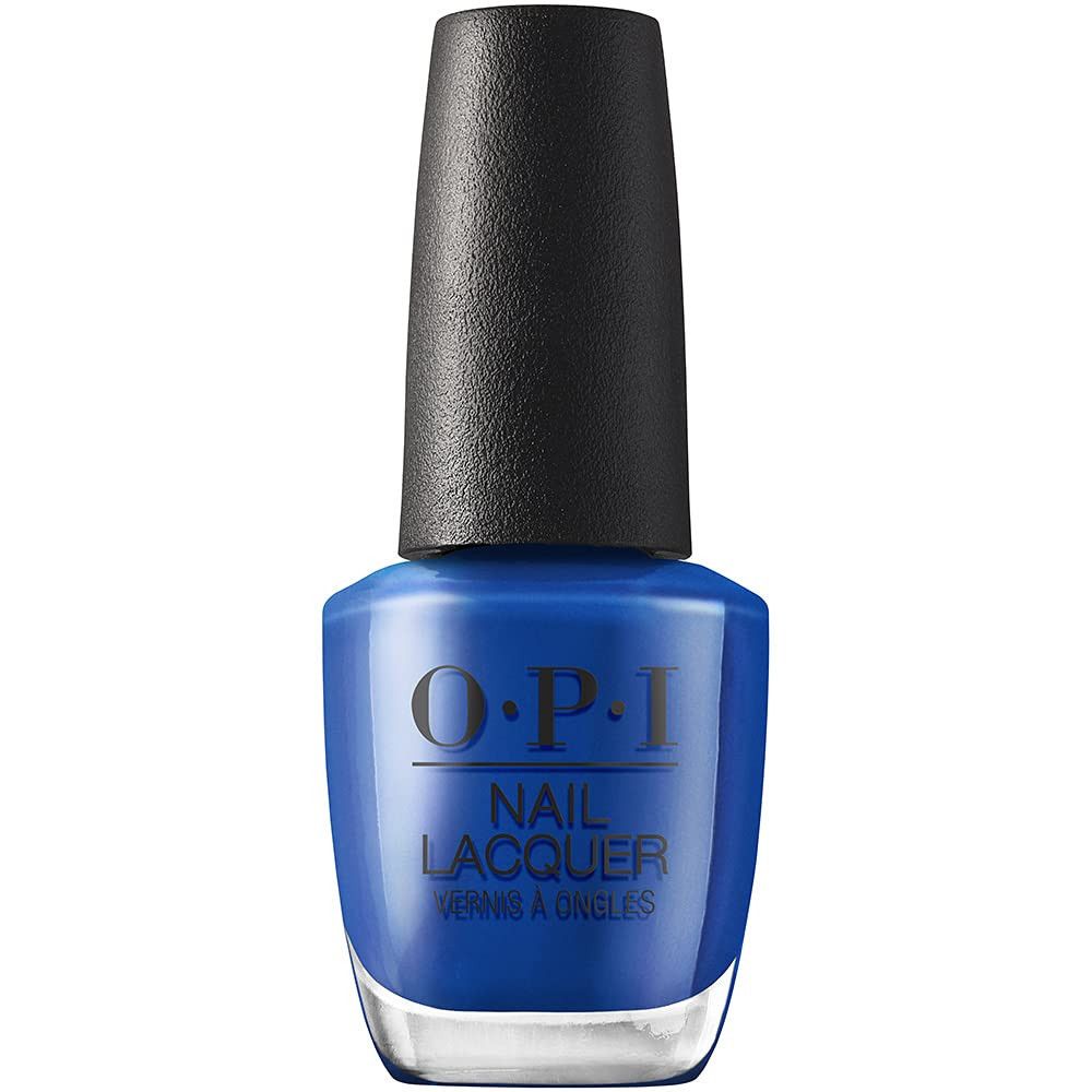 OPI Nagellacke Flasche. Blaues Nagellack mit schwarzem Deckel. OPI-Logo und Produktname.
